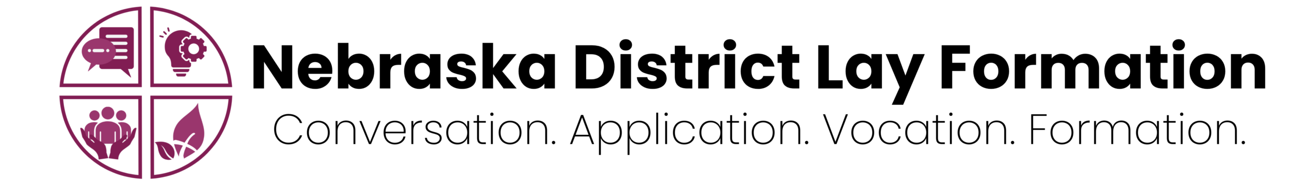 The nebraska district lay formation logo image with phrase conversation application vocation formation. Logo includes conversation bubbles, a lightbulb with a gear, people being held in a set of hands, and growing leaves.
